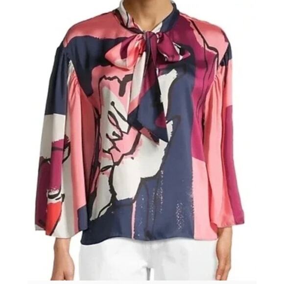 Tanya Taylor Avril Blouse Printed Satin Tie Top Multicolor Print Varies Size M - Picture 3 of 12